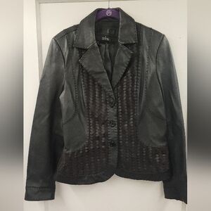 Tribal Black Leather Jacket with Woven Brown Suede Design Size 10 NWOT